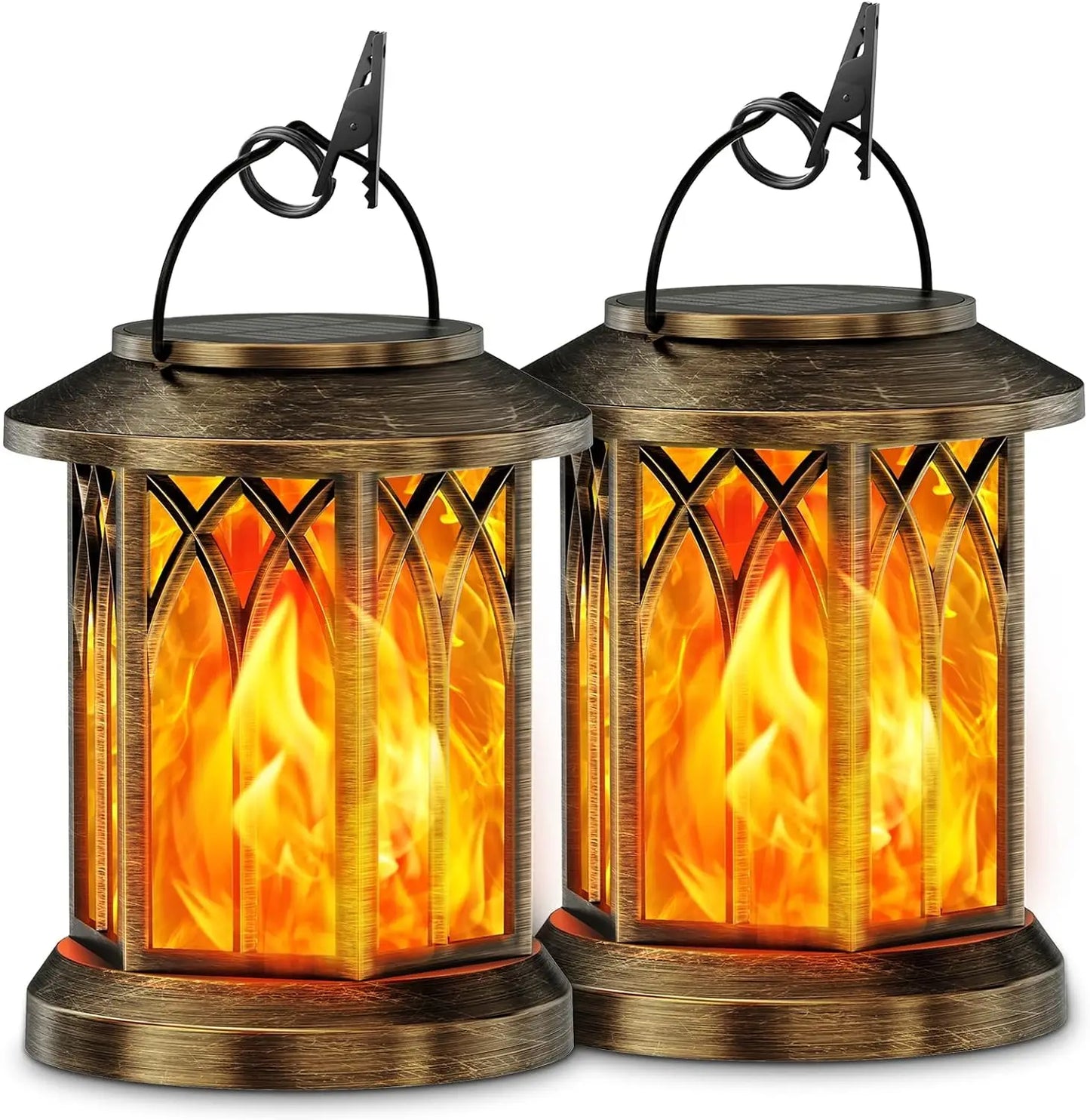 2 Pack Upgraded Flickering Flame Solar Lanterns Outdoor Hanging Lights for Garden Bronze Black