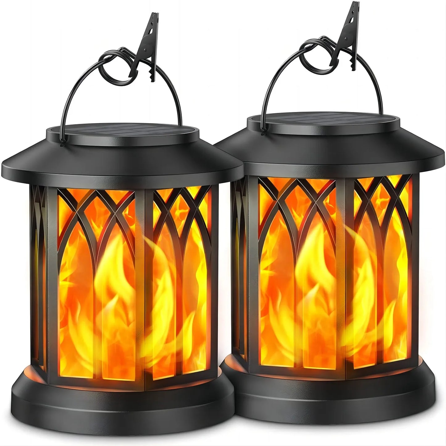 2 Pack Upgraded Flickering Flame Solar Lanterns Outdoor Hanging Lights for Garden Bronze Black