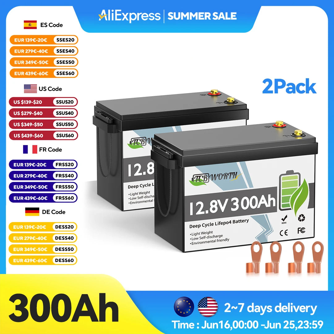 12V 300Ah LiFePO4 Lithium Battery with 200A BMS 3840W Load Power 6000 Plus Deep Cycles for RV Camper Solar Off Grid 2 Pack