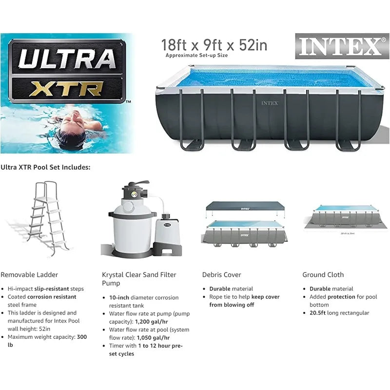 Intex 18 Feet by 9 Feet by 52 Inches Ultra XTR Rectangular Frame Swimming Pool Set with Pump Above Ground Backyard Large Rectangle Pool