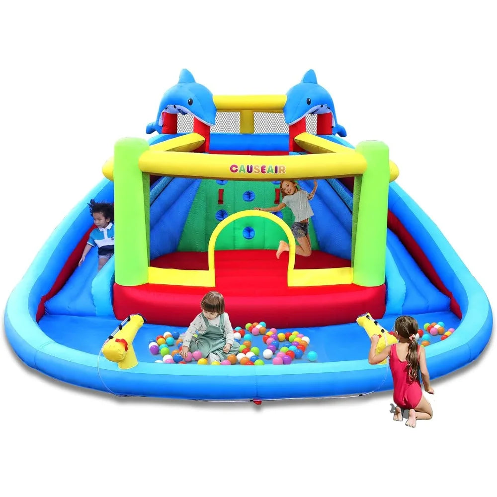 Inflatable Bounce House with Double Slide Dolphin Styling Splashing Pool Double Water Cannon Inflatable Water Park Slide