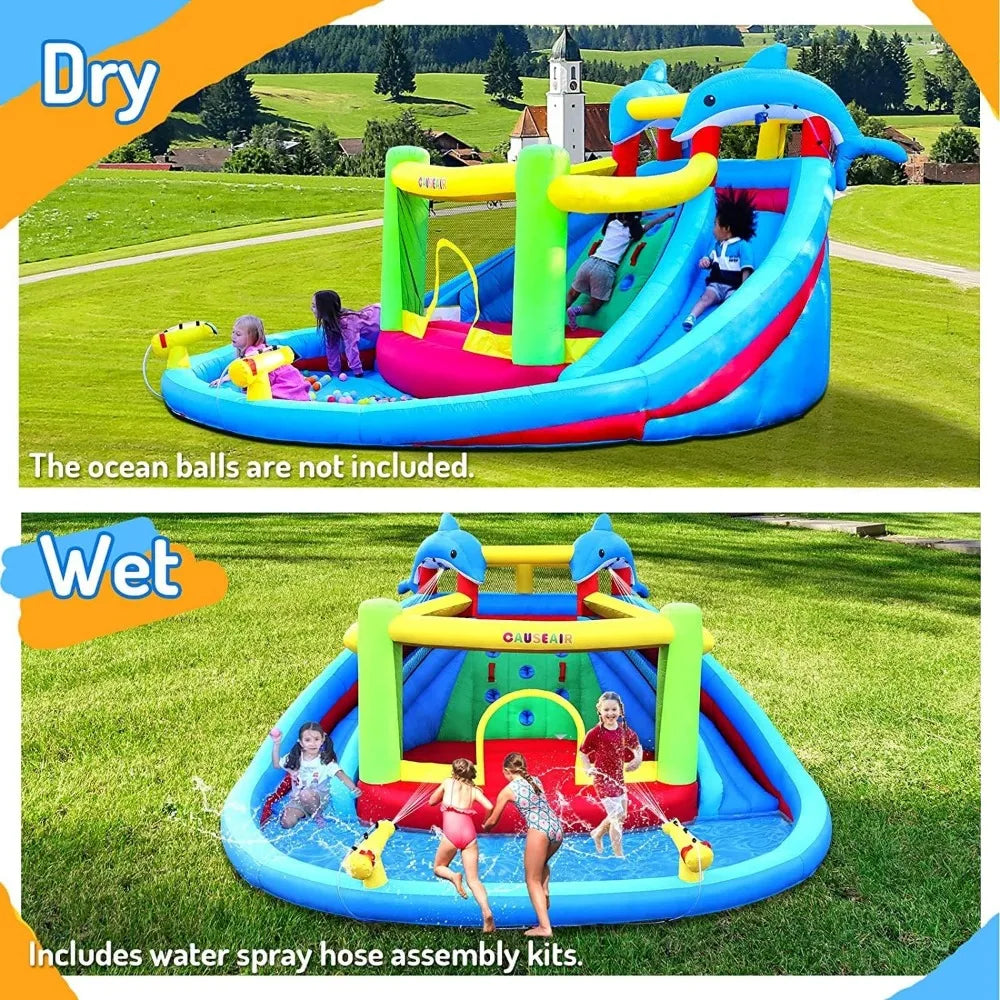 Inflatable Bounce House with Double Slide Dolphin Styling Splashing Pool Double Water Cannon Inflatable Water Park Slide