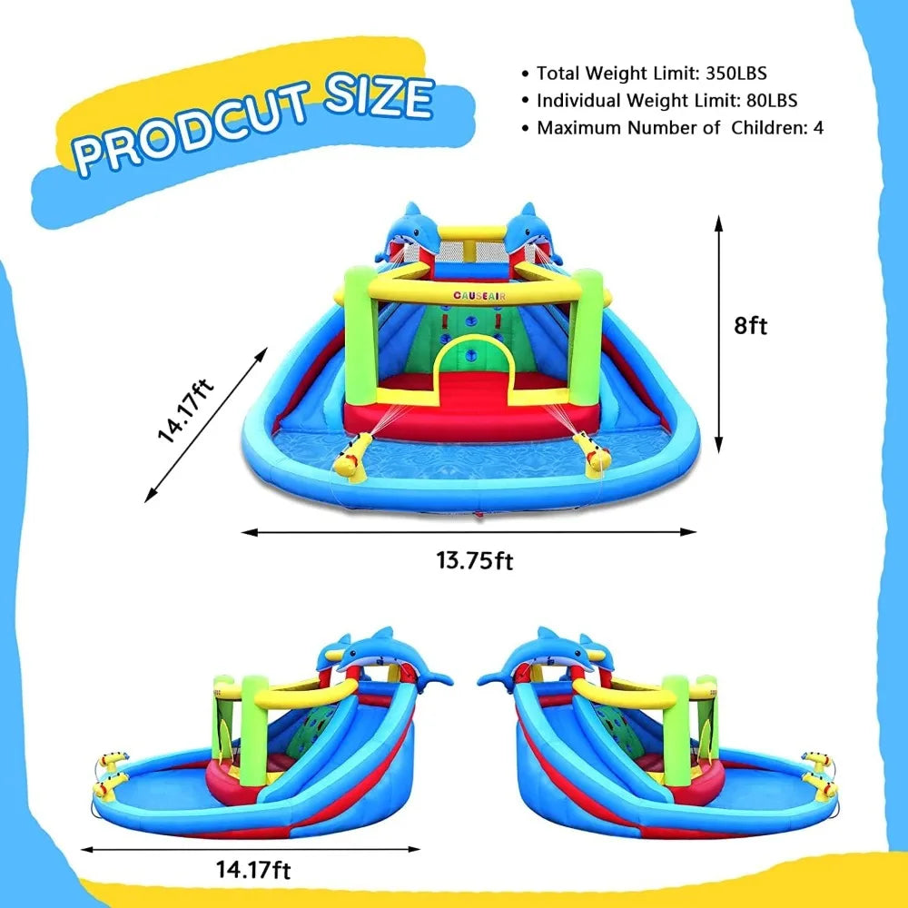 Inflatable Bounce House with Double Slide Dolphin Styling Splashing Pool Double Water Cannon Inflatable Water Park Slide