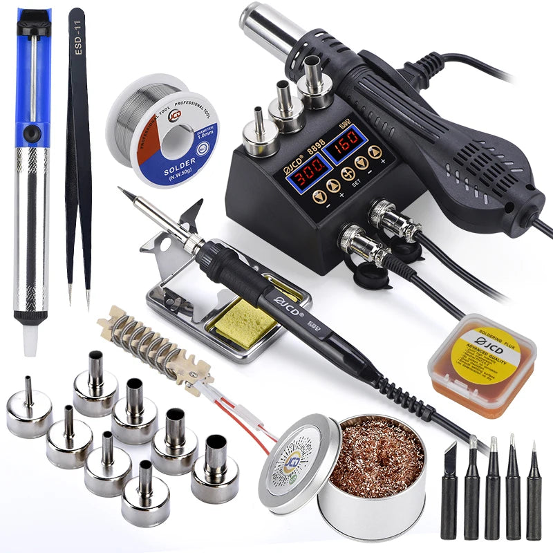 JCD 8898 750W Soldering Station 2 in 1 LCD Digital Display Rework Welding Kit Soldering Iron Hot Air Gun Repair Tools