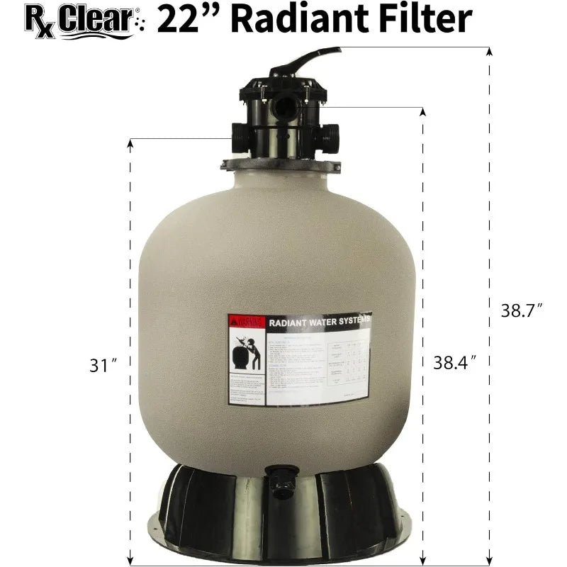 Rx Clear Radiant Complete Sand Filter System for Above Ground Swimming Pool with Extreme Force 1.2 HP Pump and 22 Inch Tank