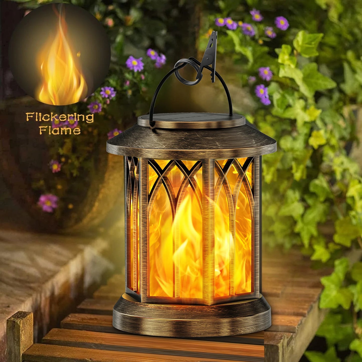 2 Pack Upgraded Flickering Flame Solar Lanterns Outdoor Hanging Lights for Garden Bronze Black