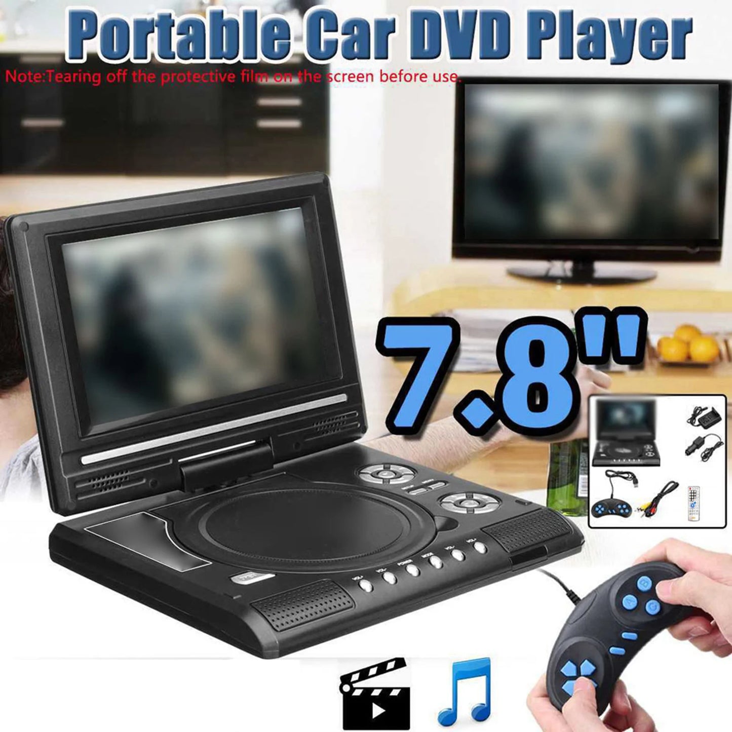 Portable DVD Viewer 7.8 Inch Widescreen DVD Player 270 Degree Rotatable with Game Function