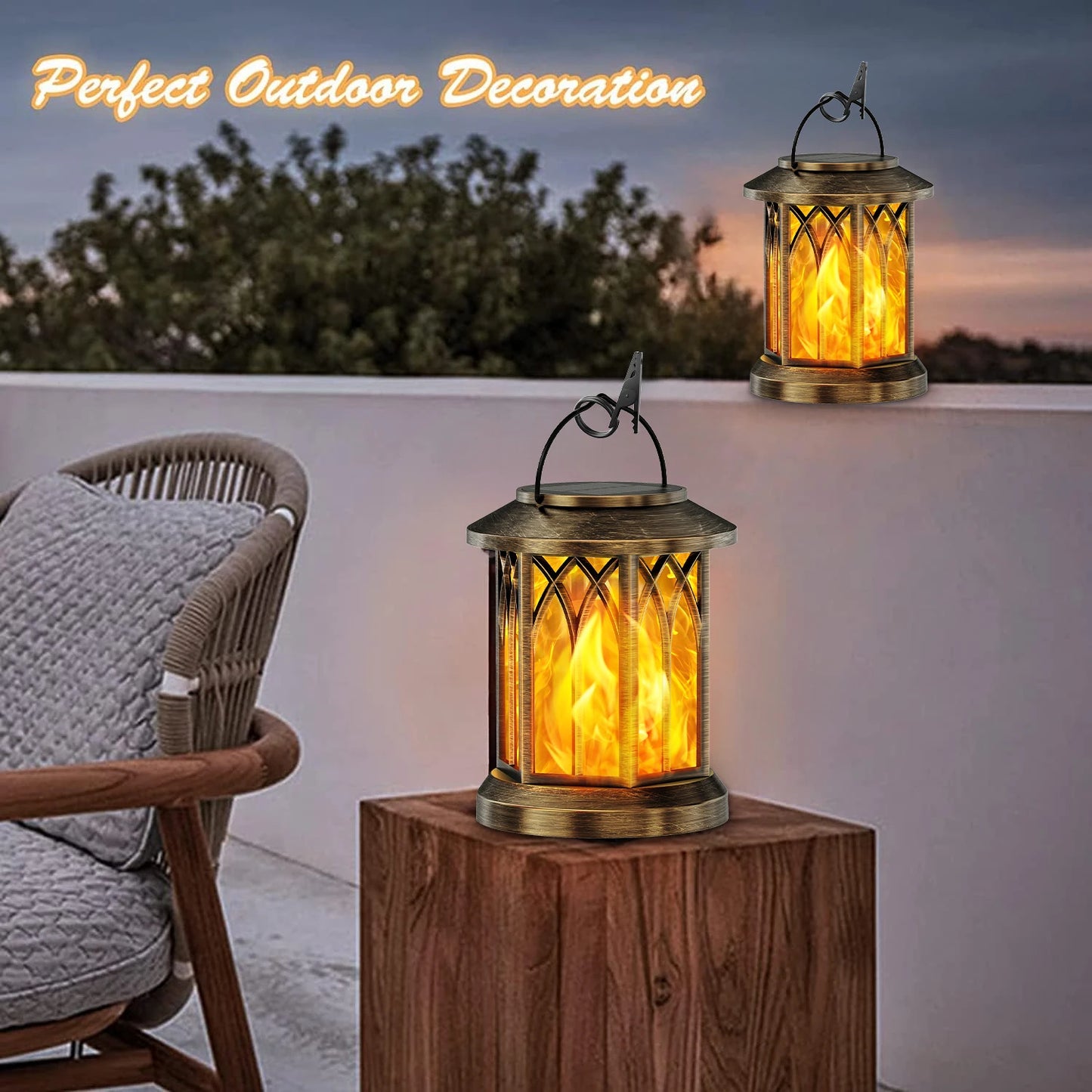 2 Pack Upgraded Flickering Flame Solar Lanterns Outdoor Hanging Lights for Garden Bronze Black
