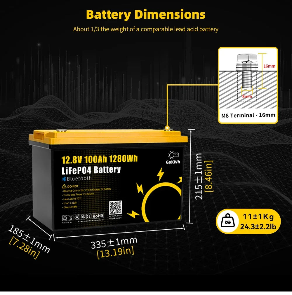 Gokwh LiFePO4 Battery Pack 12V 100Ah with Built in 100A BMS for RV EV Camping Golf Cart and Boat