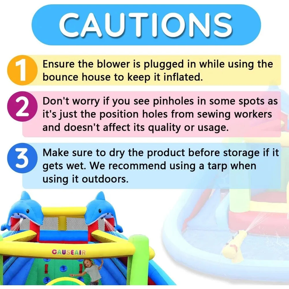 Inflatable Bounce House with Double Slide Dolphin Styling Splashing Pool Double Water Cannon Inflatable Water Park Slide