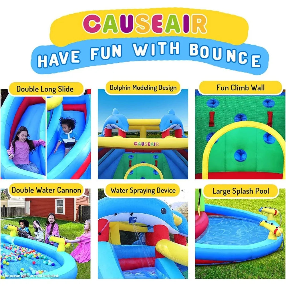 Inflatable Bounce House with Double Slide Dolphin Styling Splashing Pool Double Water Cannon Inflatable Water Park Slide
