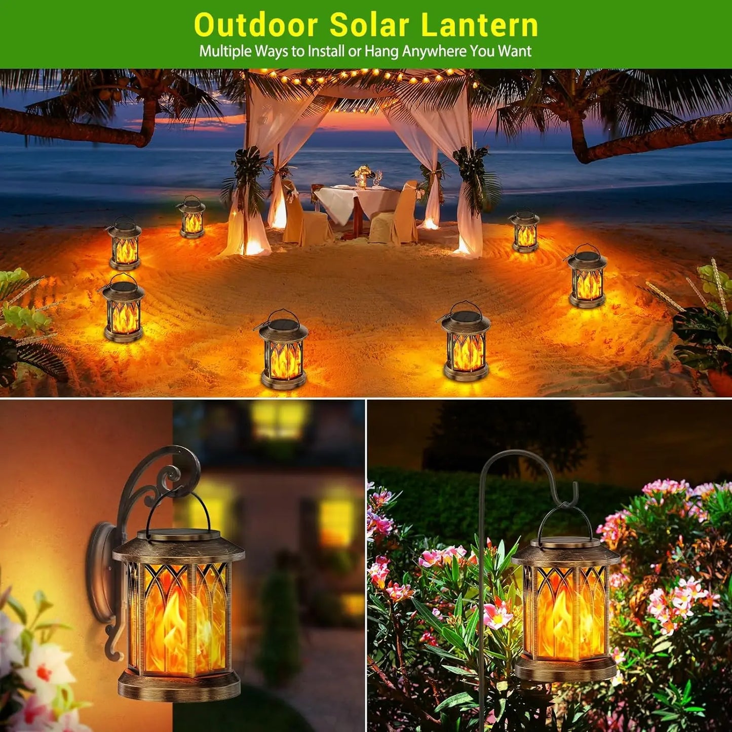 2 Pack Upgraded Flickering Flame Solar Lanterns Outdoor Hanging Lights for Garden Bronze Black