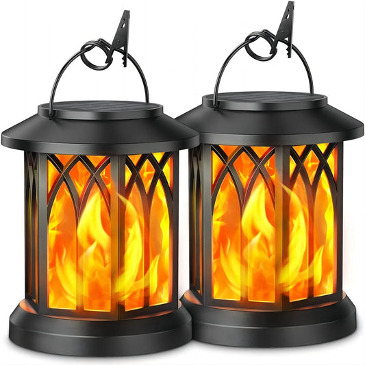 2 Pack Upgraded Flickering Flame Solar Lanterns Outdoor Hanging Lights for Garden Bronze Black