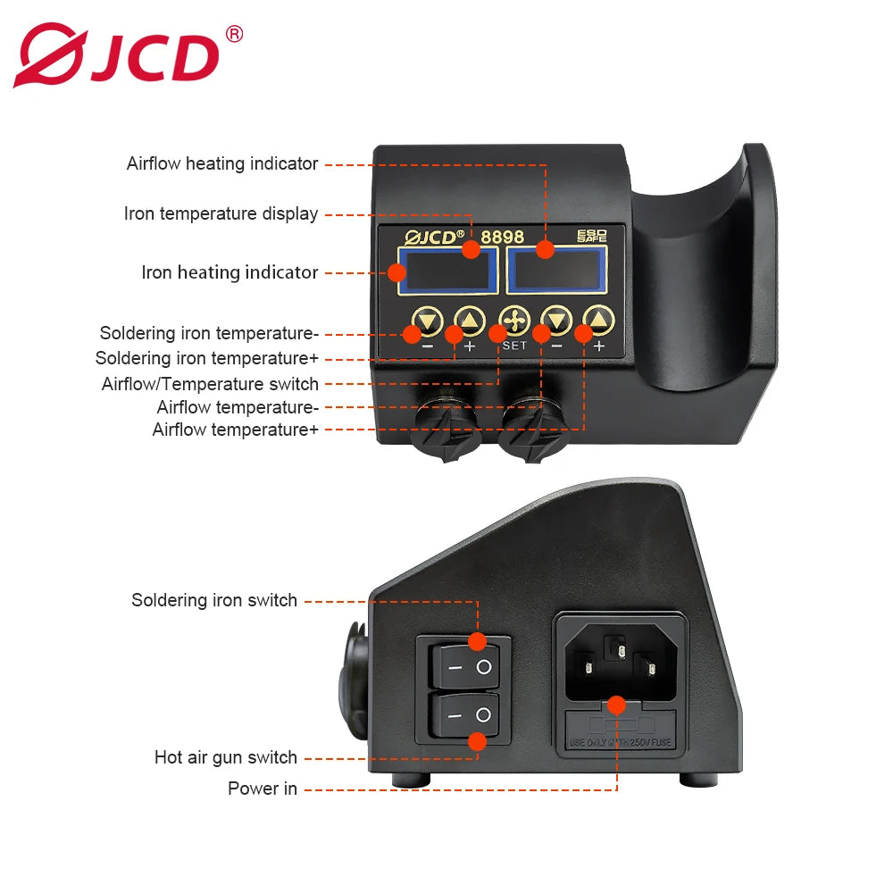 JCD 8898 750W Soldering Station 2 in 1 LCD Digital Display Rework Welding Kit Soldering Iron Hot Air Gun Repair Tools