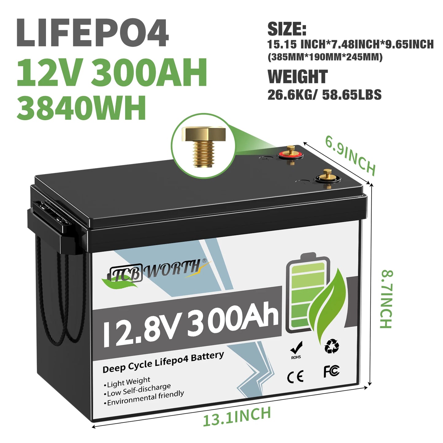 12V 300Ah LiFePO4 Lithium Battery with 200A BMS 3840W Load Power 6000 Plus Deep Cycles for RV Camper Solar Off Grid 2 Pack