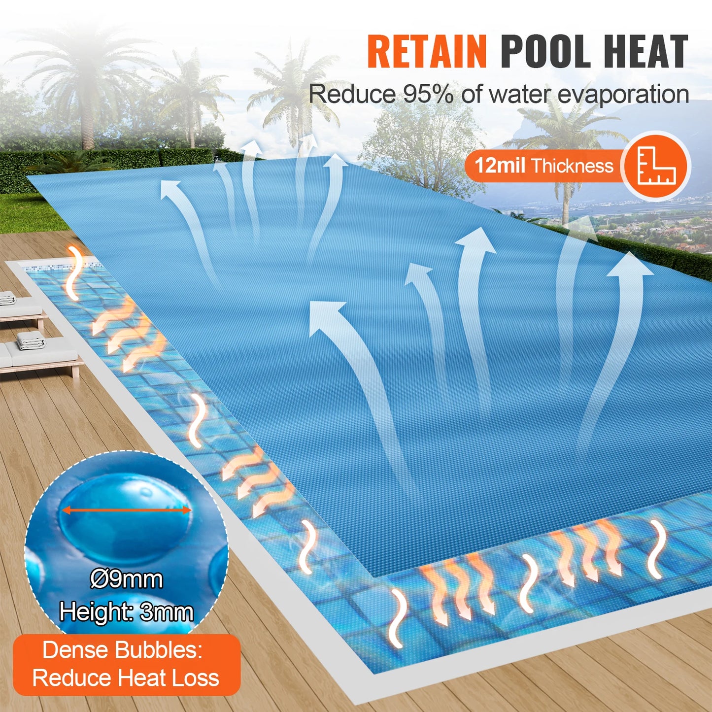 VEVOR Solar Pool Cover Rectangle Solar Blanket for Inground and Above Ground Swimming Pools 12 Mil PE Solar Heating Cover
