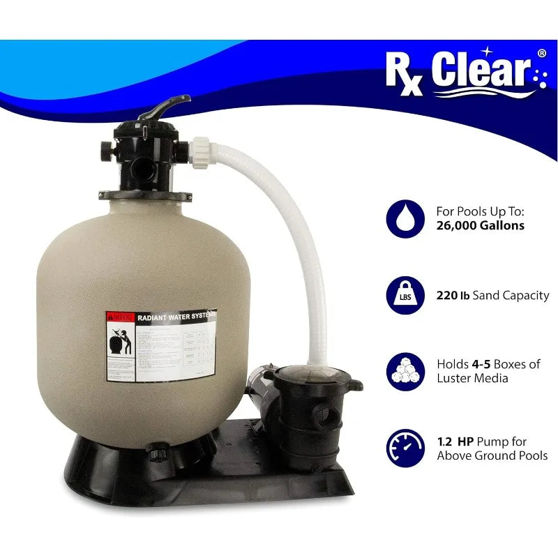 Rx Clear Radiant Complete Sand Filter System for Above Ground Swimming Pool with Extreme Force 1.2 HP Pump and 22 Inch Tank